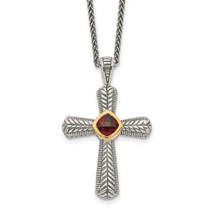 Sterling Silver with 14k Gold Accent Genuine Cushion Checkerboard Garnet Antique Style Cross Pendant Charm Necklace