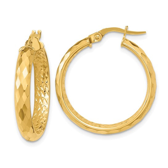 14k Yellow Gold 25mm x 3.75mm Diamond Cut Inside Outside Round Hoop Earrings