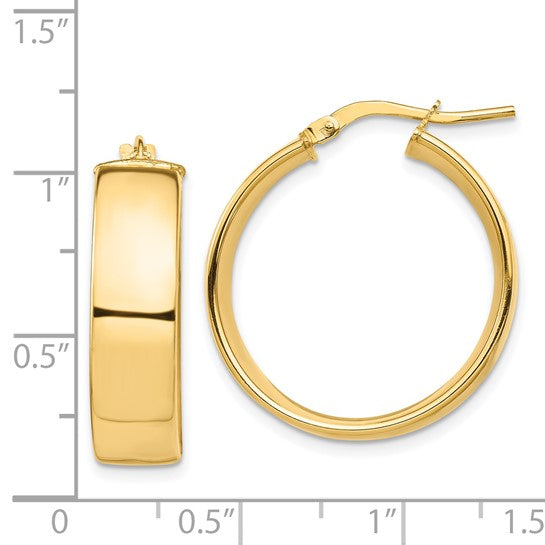 Lataa kuva Galleria-katseluun, 14K yellow gold hoop earrings 24mm x 7mm, detail view showing wire and clutch closure