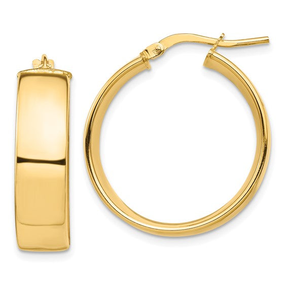 14K yellow gold hoop earrings 24mm x 7mm polished finish, front view