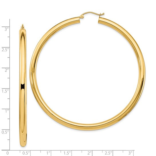 14K Yellow Gold 70mm x 4mm Large Lightweight Round Classic Hoop Earrings