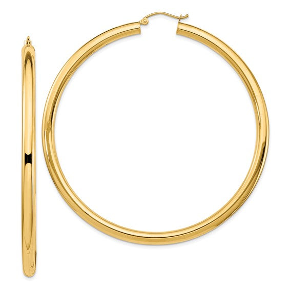 14K Yellow Gold 70mm x 4mm Large Round Classic Hoop Earrings