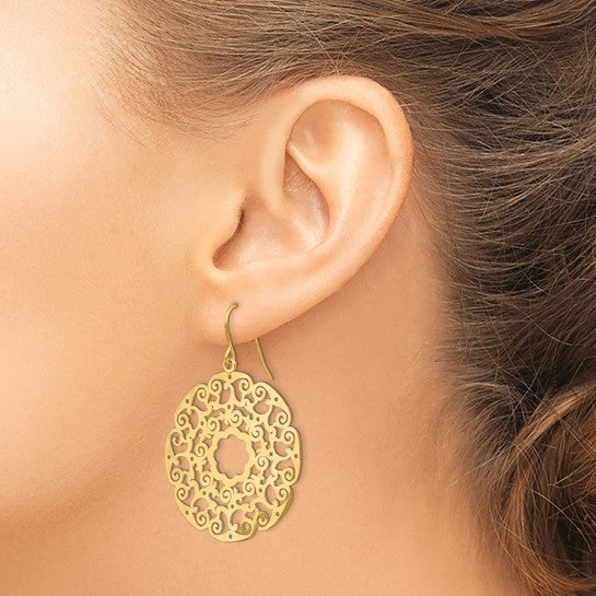 14k Yellow Gold Round Lace Filigree Festive Merry Dangle Earrings