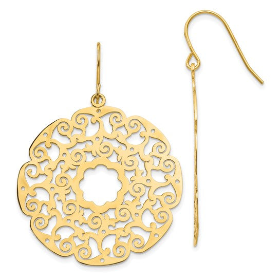 14k Yellow Gold Round Lace Filigree Festive Merry Dangle Earrings
