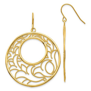 14k Yellow Gold Round Circle Filigree Dangle Earrings