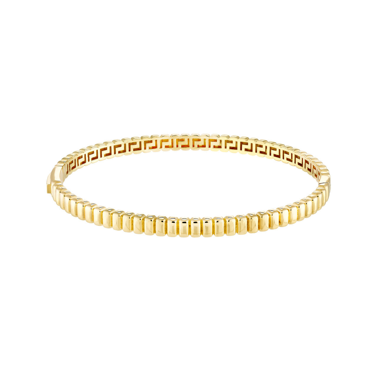 14k Yellow Gold Ribbed Greek Key Hinged Bangle Bracelet