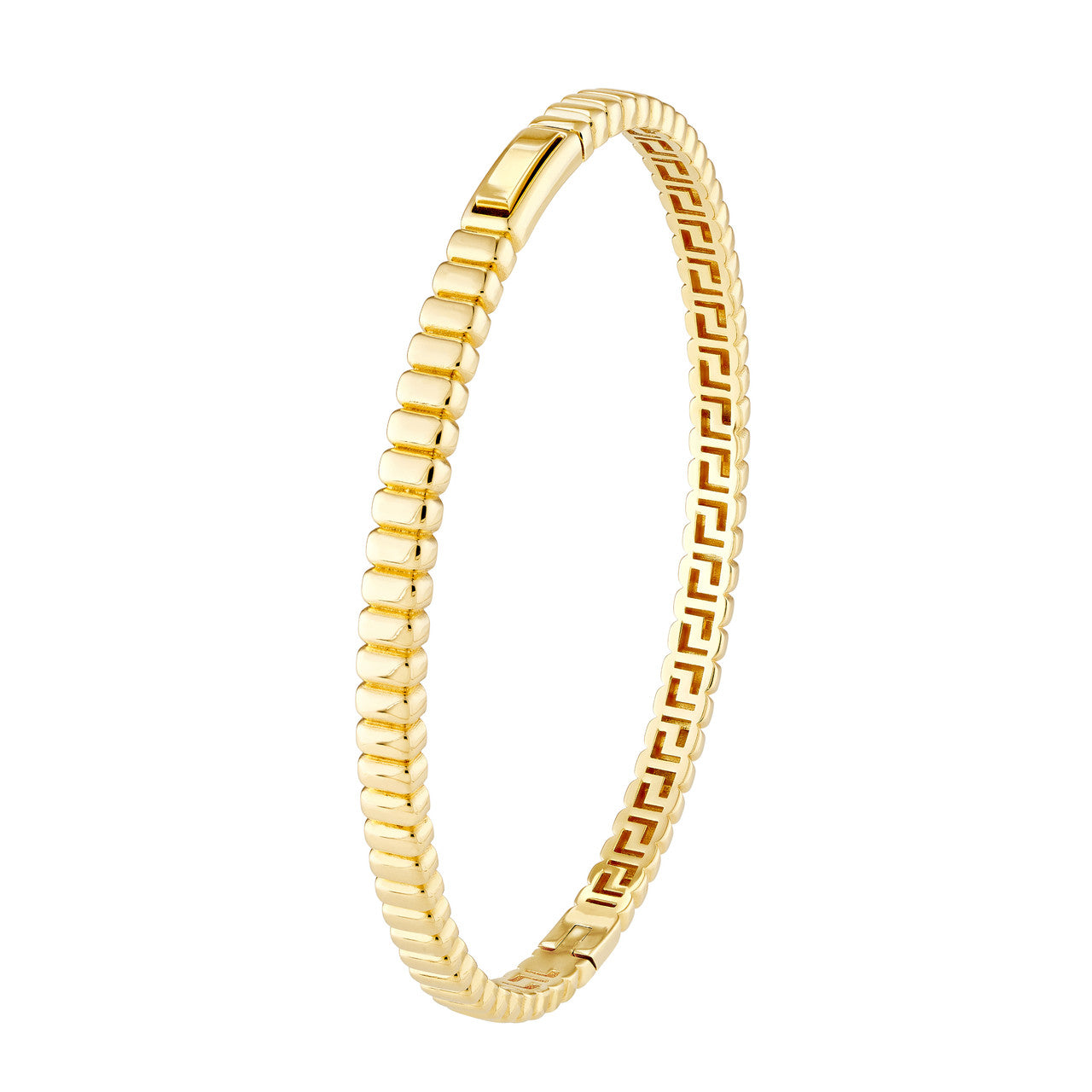 14k Yellow Gold Ribbed Greek Key Hinged Bangle Bracelet