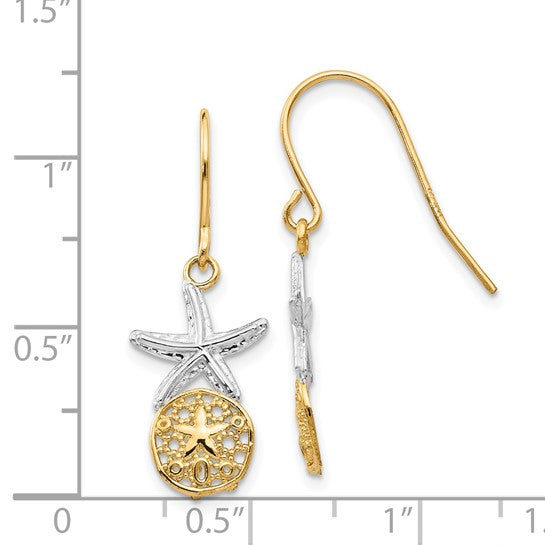 14k Gold Two Tone Sand Dollar Starfish Shepherd Hook Dangle Earrings