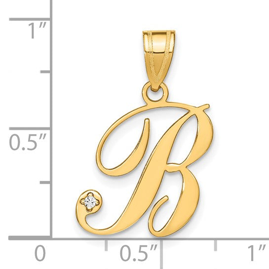 14K Yellow Gold Diamond Initial Letter B Cursive Script Alphabet Pendant Charm