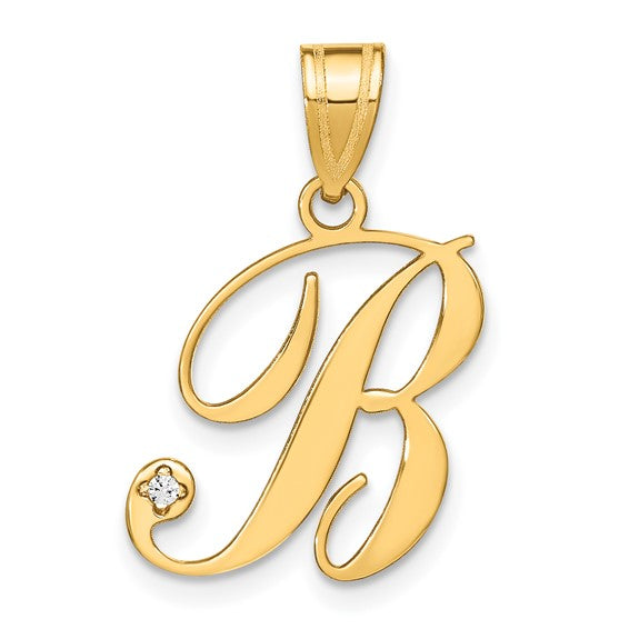 14K Yellow Gold Diamond Initial Letter B Cursive Script Alphabet Pendant Charm