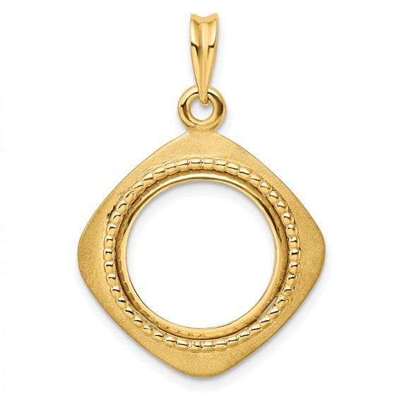 14k Yellow Gold Prong Coin Bezel Holder Holds 15mm Coins or US $1 Dollar Type 2 Diamond Shaped Beaded Pendant Charm
