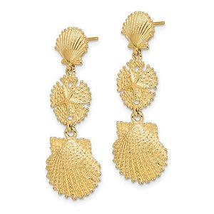 14k Yellow Gold Sand Dollar Starfish Clam Scallop Shell Dangle Earrings