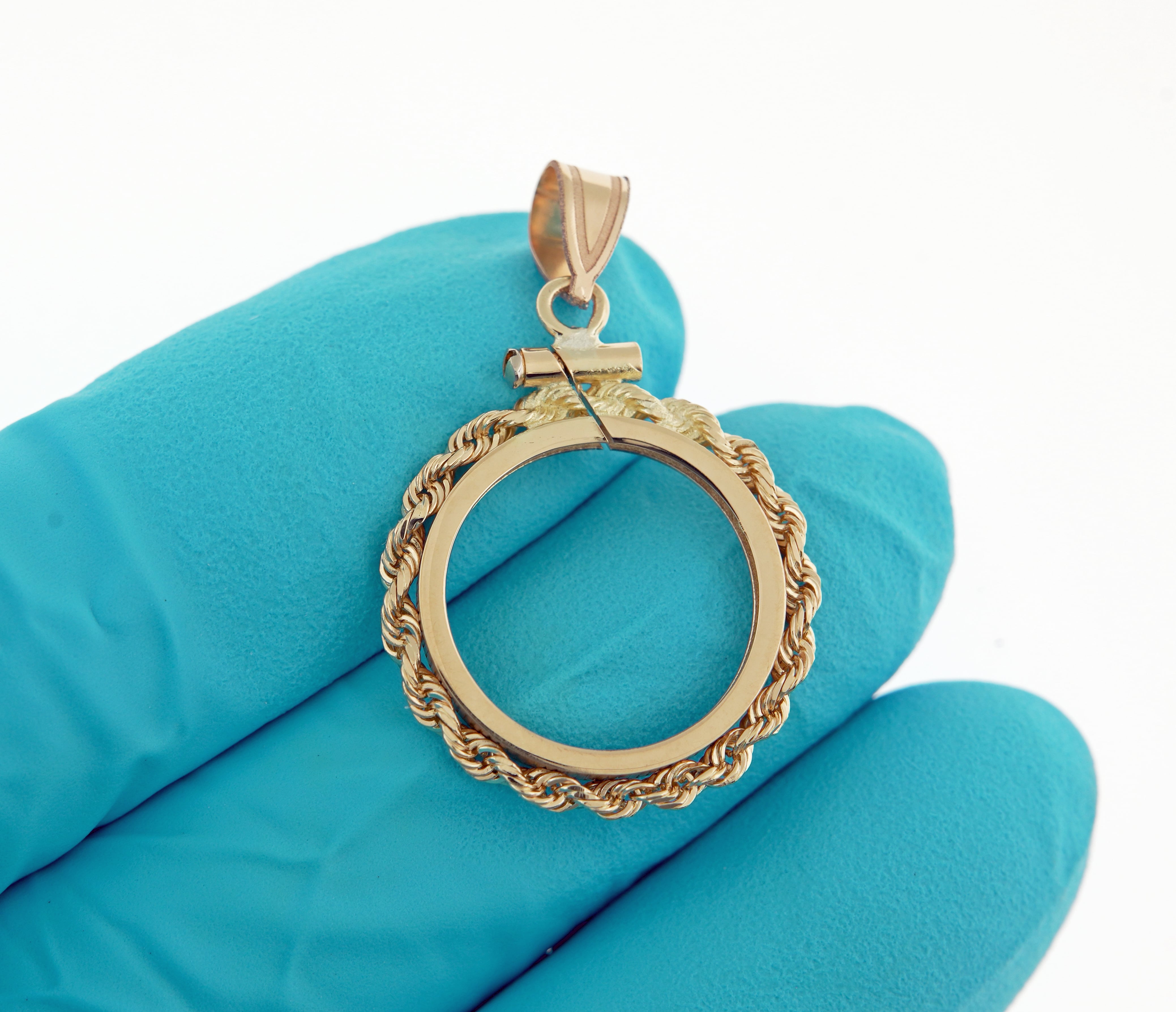 14K Yellow Gold Holds 16mm Coins 1/10 oz Maple Leaf 1/10 oz Philharmonic 1/10 oz Australian Nugget 1/10 oz Kangaroo Coin Holder Rope Bezel Screw Top Pendant Charm