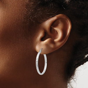 14k White Gold 30mm x 2.5mm Diamond Cut Round Hoop Earrings