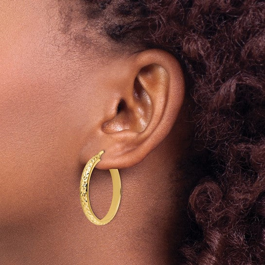 14K Yellow Gold Diamond Cut Round Hoop Earrings 28mm x 4mm