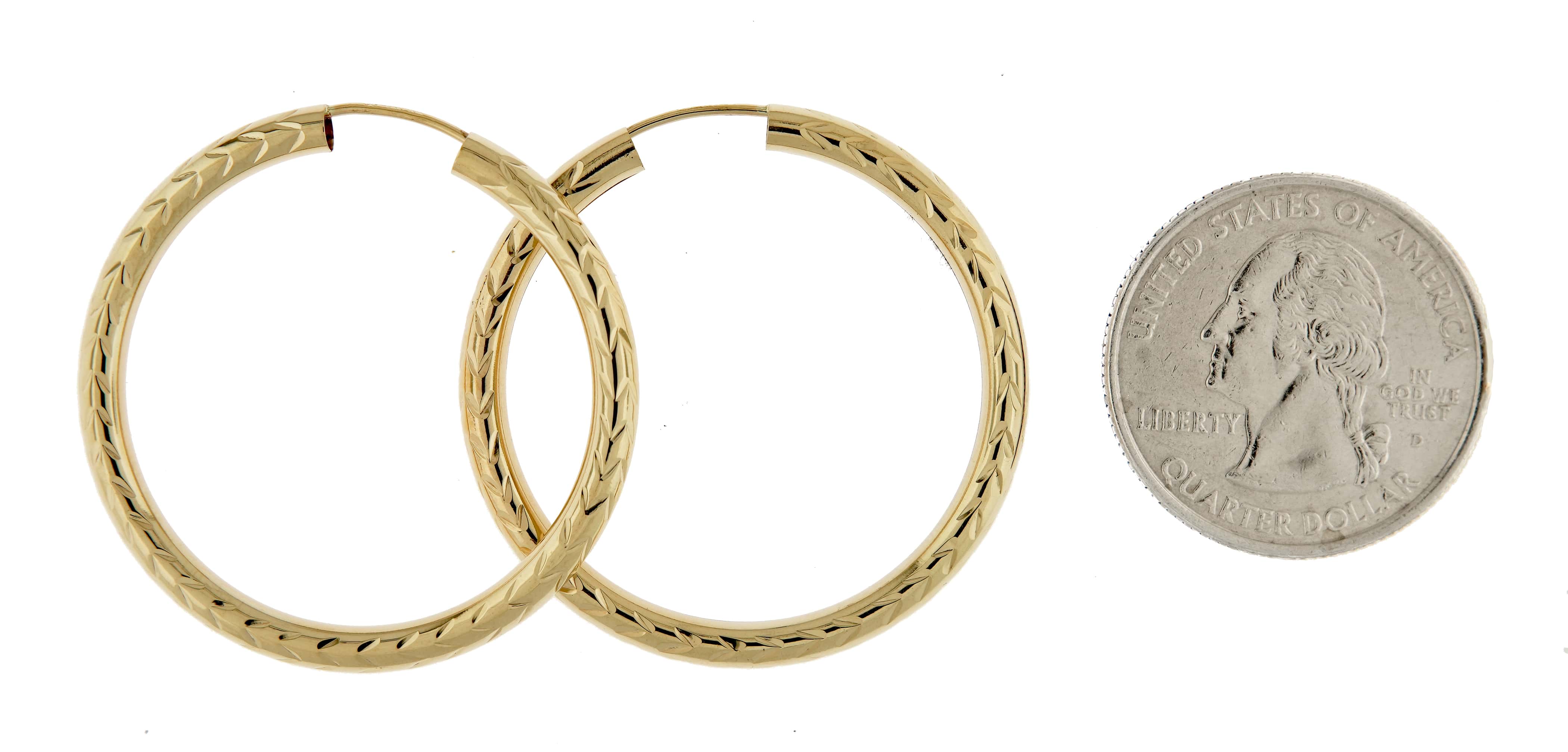 10K Yellow Gold Diamond Cut 33mm x 3mm Endless Hoop Earrings