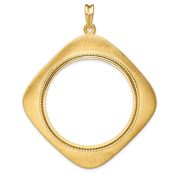 14k Yellow Gold Prong Coin Bezel Holder for 37mm Coins or Mexican 50 Pesos Diamond Shaped Beaded Pendant Charm