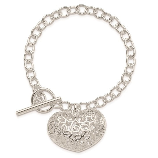 Sterling Silver Puffy Filigree Floral Heart Toggle Bracelet 7.75 inches