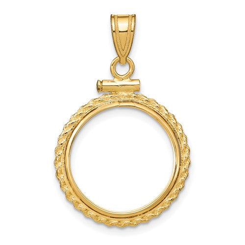 14K Yellow Gold Coin Holder for 16.5mm Coins or 1/10 oz American Eagle 1/10 oz Krugerrand Rope Bezel Screw Top Pendant Charm