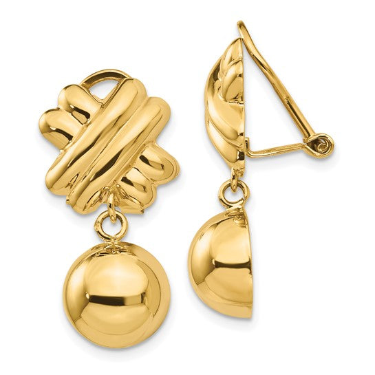 14k Yellow Gold Non Pierced Clip On Ball Dangle Earrings