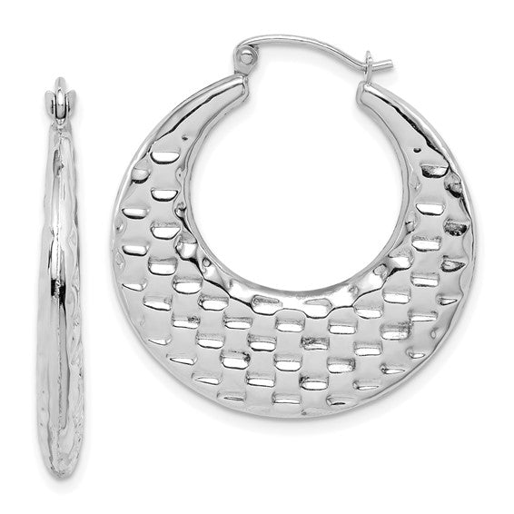 10K White Gold Graduated Polished Textured Classic Round Hoop Earrings