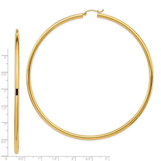 14K Yellow Gold 90mm x 3mm Extra Large Giant Gigantic Big Round Classic Hoop Earrings