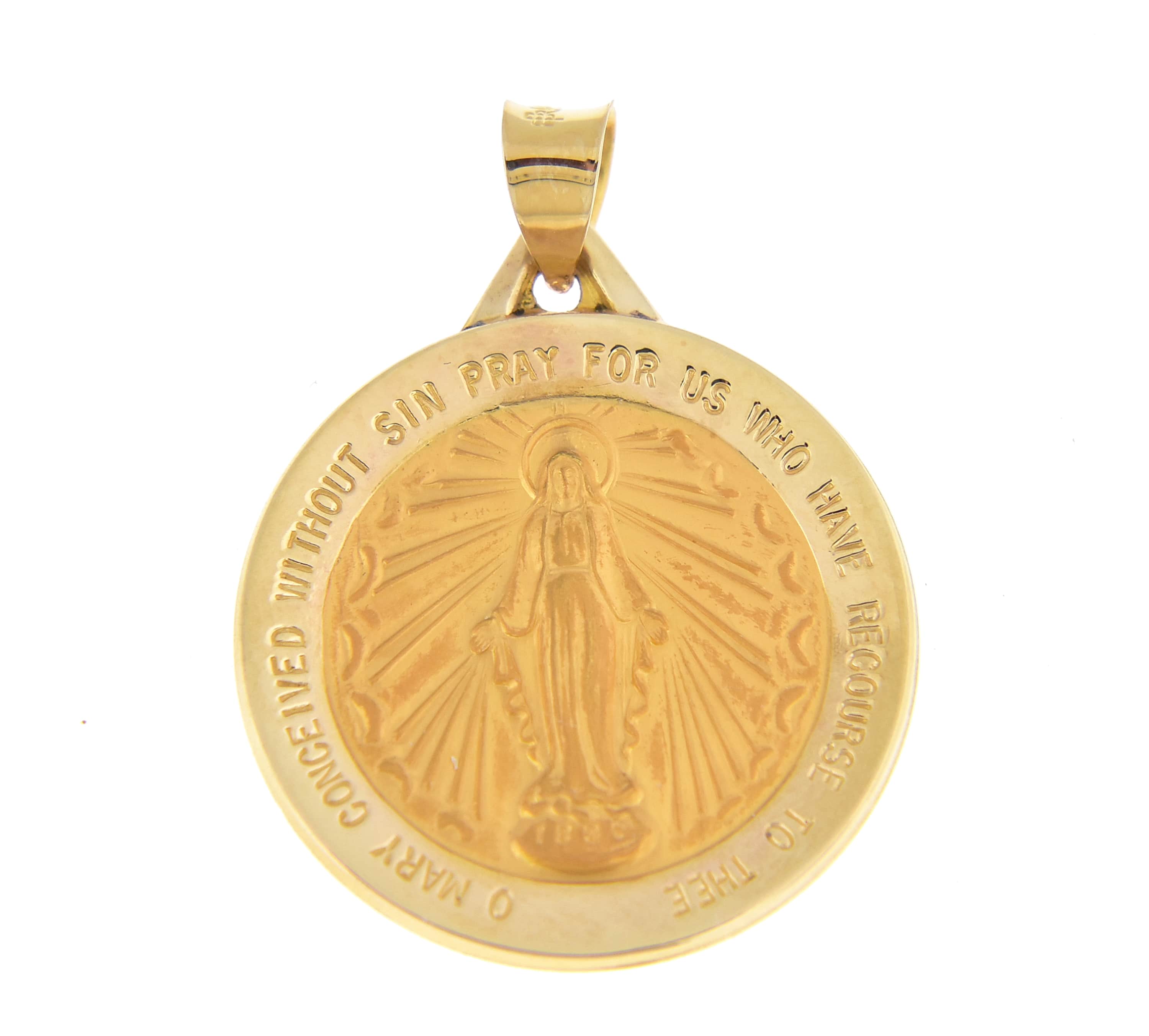 14k Yellow Gold Blessed Virgin Mary Miraculous Round Pendant Charm