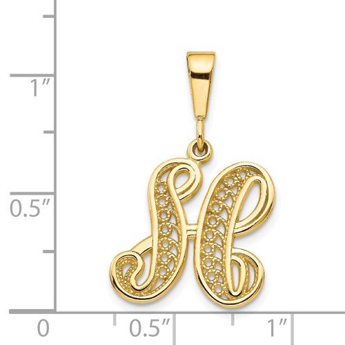 14K Yellow Gold Initial Letter H Cursive Script Alphabet Filigree Pendant Charm