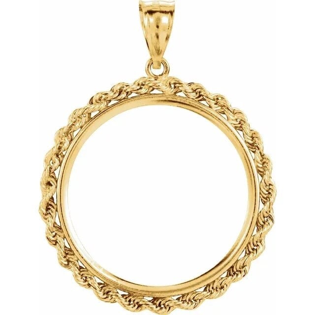 14K Yellow Gold United States US 10 Dollar or Chinese Panda 1/2 oz Coin Tab Back Frame Rope Style Pendant Holder for 27mm x 2mm Coins