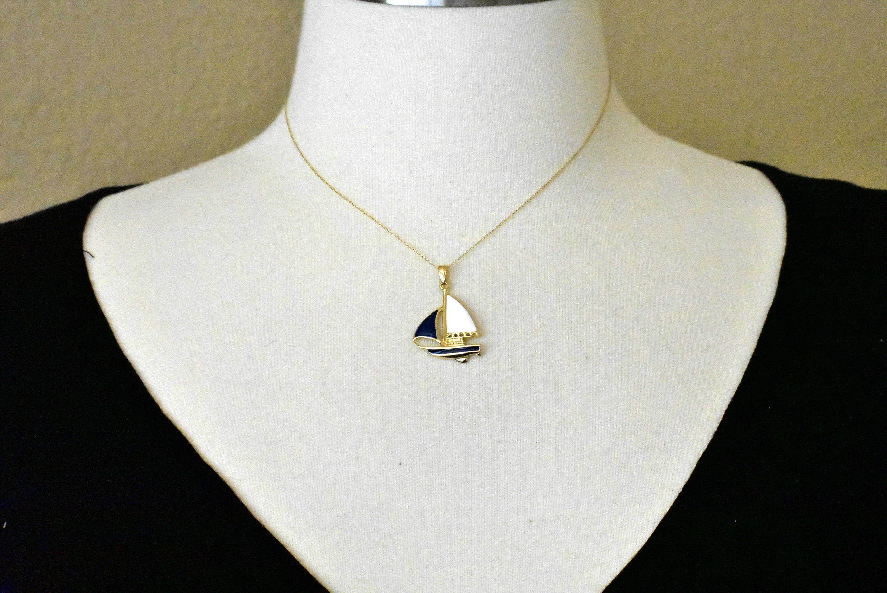 14k yellow gold enamel blue white sailboat pendant charm