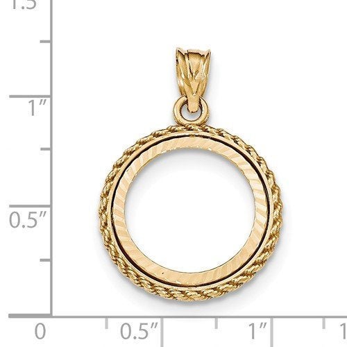 14K Yellow Gold 1/10 oz One Tenth Ounce American Eagle Coin Holder Bezel Rope Edge Diamond Cut Prong Pendant Charm Holds 16.5mm x 1.3mm Coins