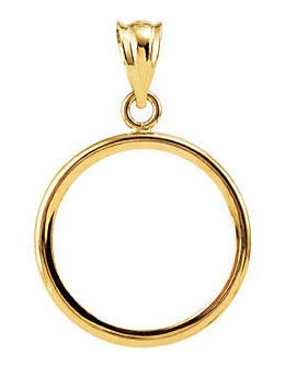 14k yellow gold holds 16.4mm x 1.1mm coins or american eagle 1/10 ounce or south african rand 1/10 ounce coin tab back frame pendant holder