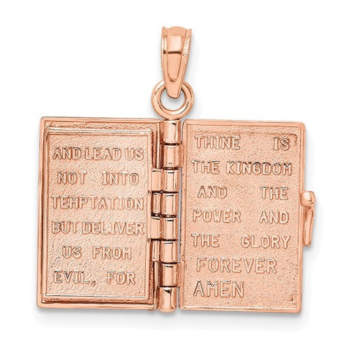 14K Rose Gold Holy Bible Lord's Prayer Book 3D Pendant Charm