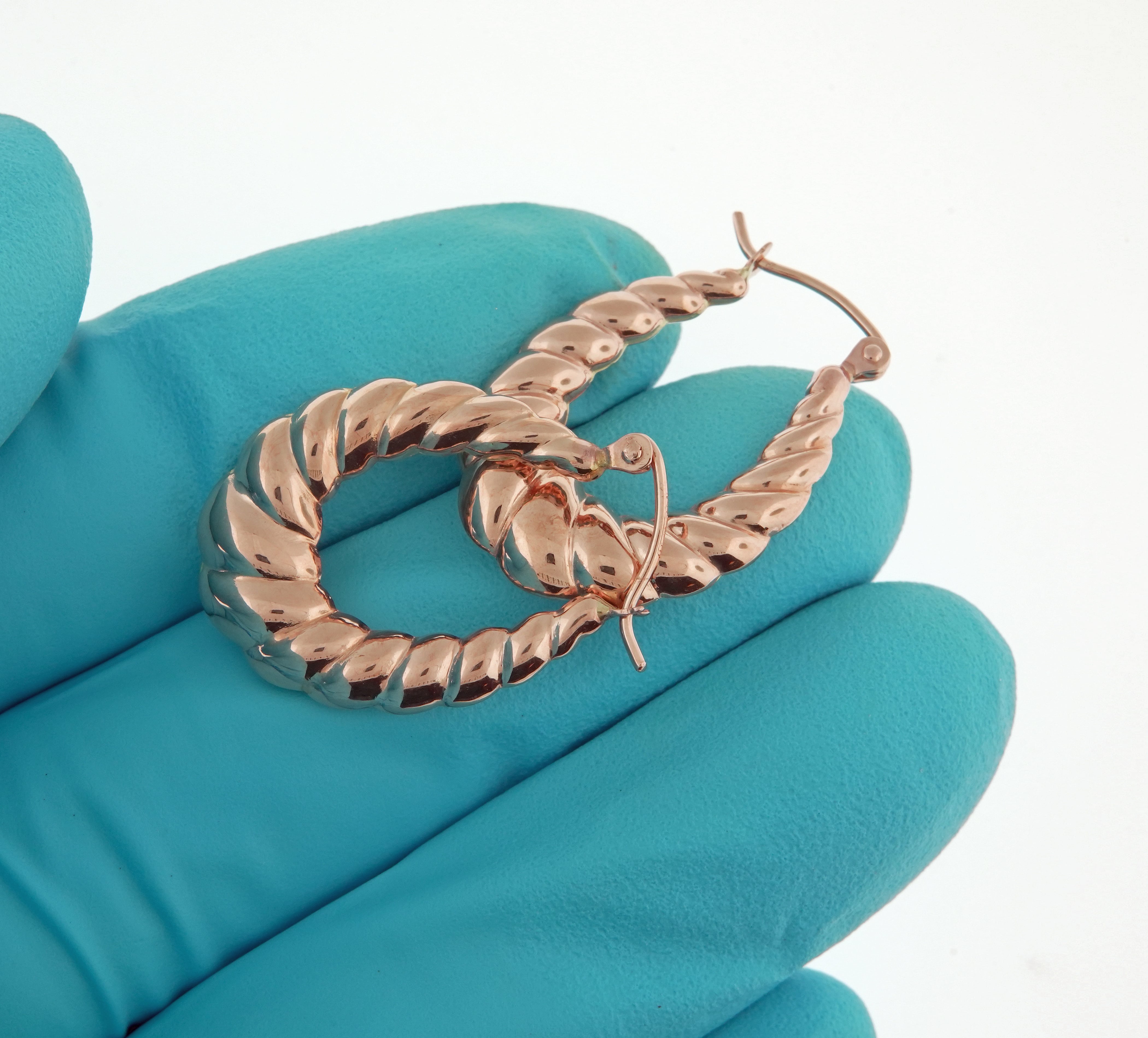 14K Rose Gold Shrimp Scalloped Twisted Hoop Earrings