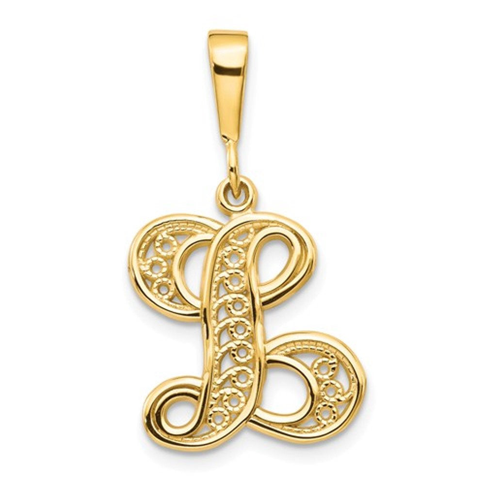 14k yellow gold initial letter l cursive script alphabet filigree pendant charm