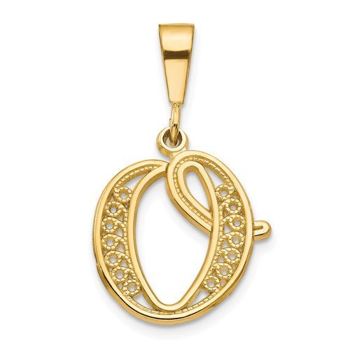 14K Yellow Gold Initial Letter O Cursive Script Alphabet Filigree Pendant Charm