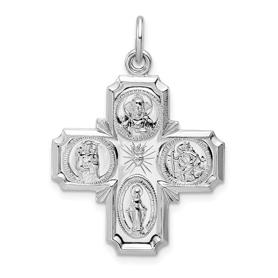 Sterling Silver Rhodium Plated Cruciform Cross Four Way Medal Pendant Charm