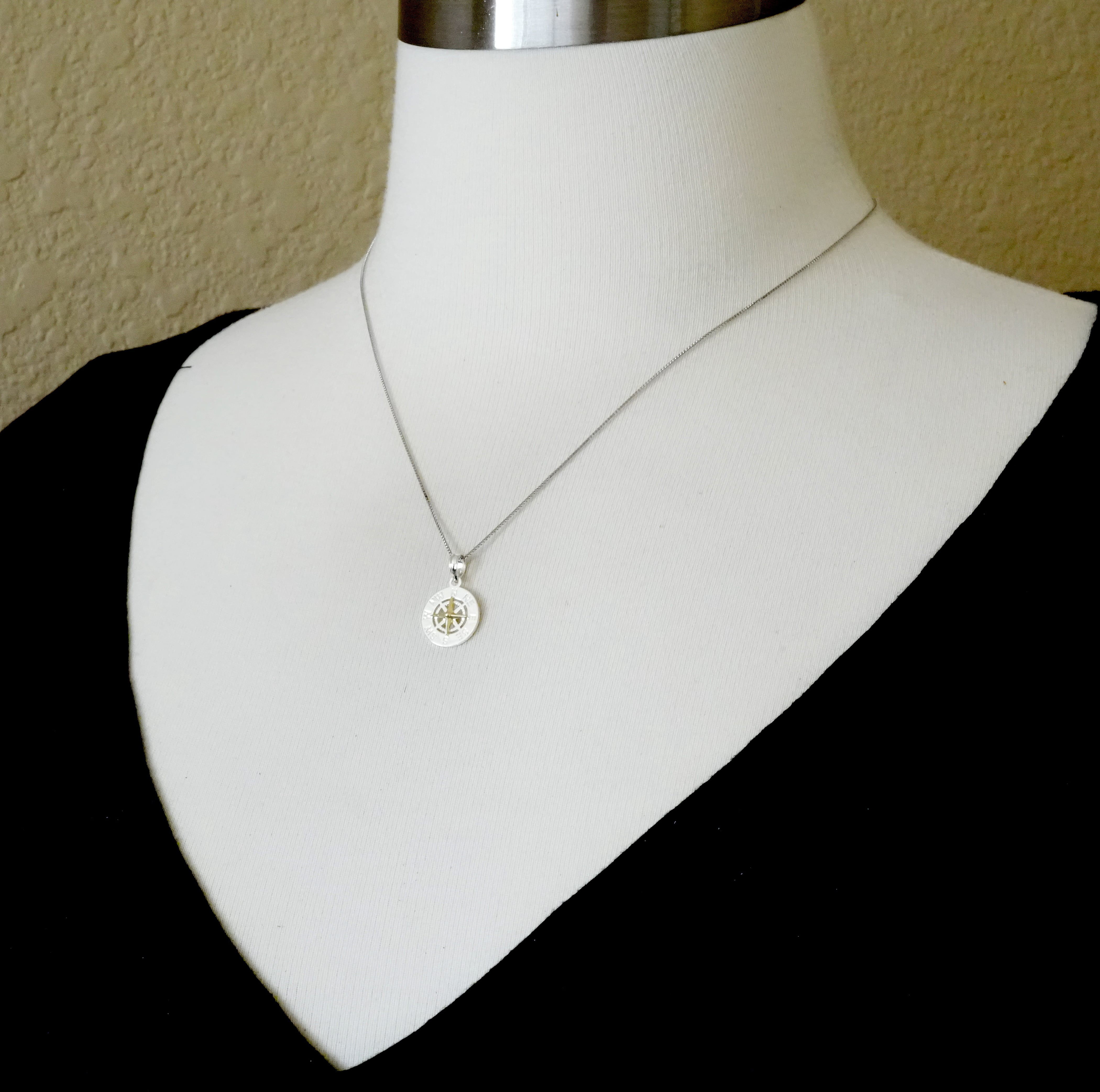 Sterling Silver and 14k Yellow Gold Nautical Compass Medallion Small Pendant Charm