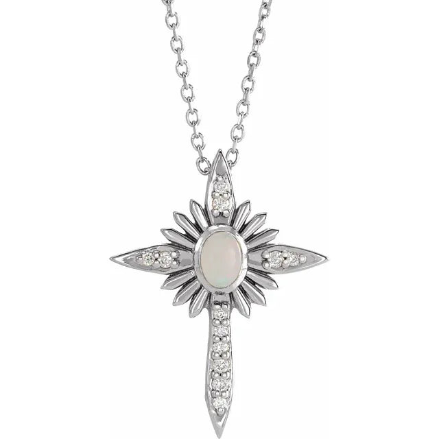 Platinum 14k Yellow Rose White Gold Genuine Opal Diamond Nativity Cross Pendant Charm Necklace