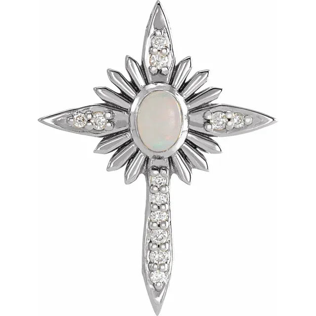 Platinum 14k Yellow Rose White Gold Genuine Opal Diamond Nativity Cross Pendant Charm Necklace