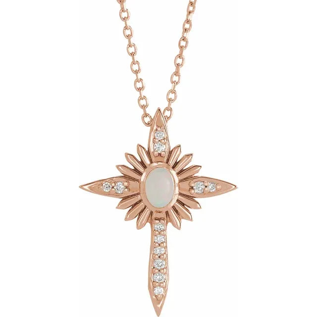 Platinum 14k Yellow Rose White Gold Genuine Opal Diamond Nativity Cross Pendant Charm Necklace