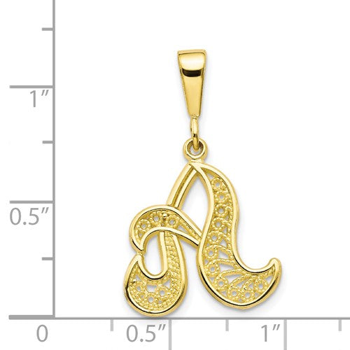 10K Yellow Gold Initial Letter A Cursive Script Alphabet Filigree Pendant Charm