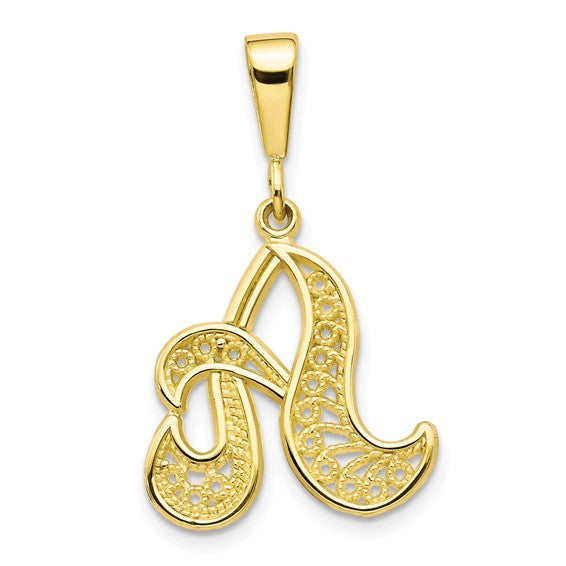 10K Yellow Gold Initial Letter A Cursive Script Alphabet Filigree Pendant Charm