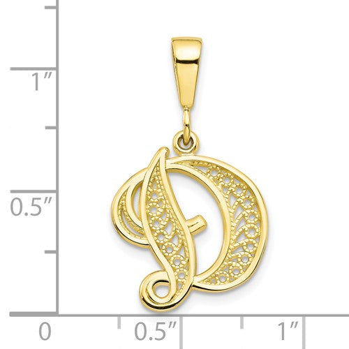 10K Yellow Gold Initial Letter D Cursive Script Alphabet Filigree Pendant Charm