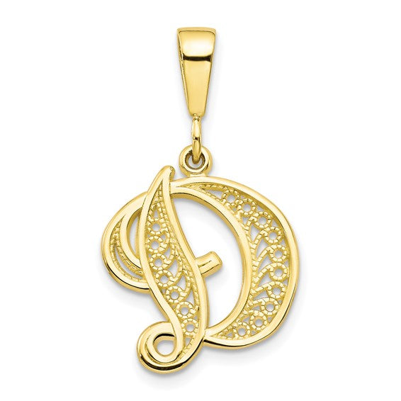 10K Yellow Gold Initial Letter D Cursive Script Alphabet Filigree Pendant Charm
