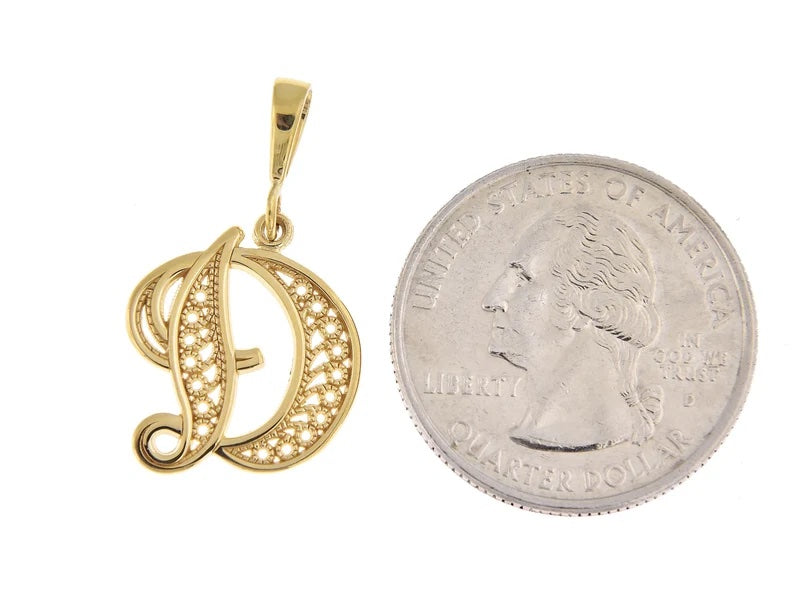 10K Yellow Gold Initial Letter D Cursive Script Alphabet Filigree Pendant Charm