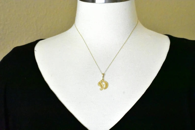10K Yellow Gold Initial Letter D Cursive Script Alphabet Filigree Pendant Charm