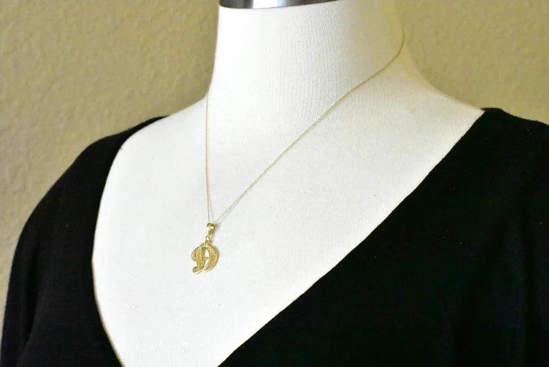 10K Yellow Gold Initial Letter D Cursive Script Alphabet Filigree Pendant Charm