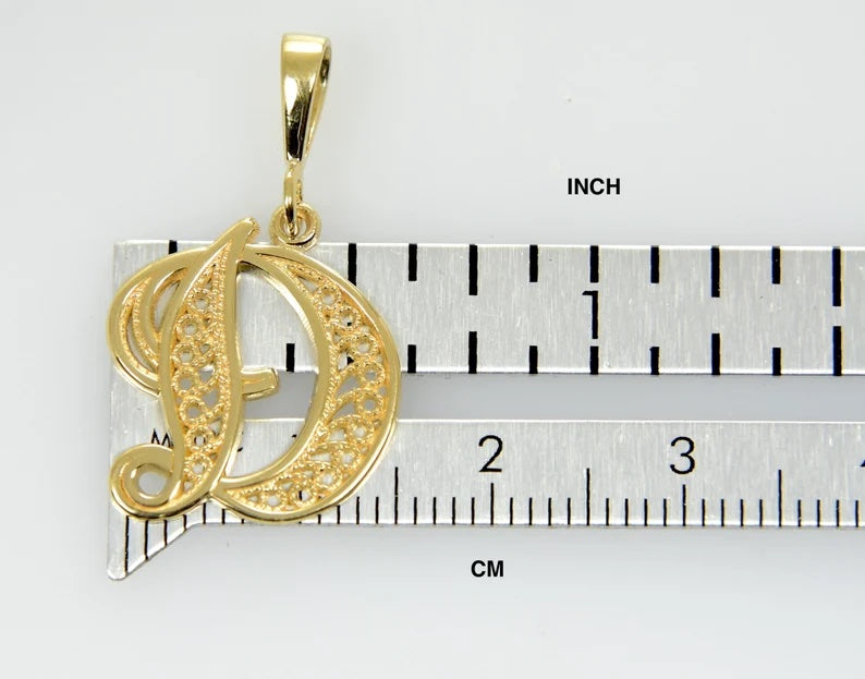 10K Yellow Gold Initial Letter D Cursive Script Alphabet Filigree Pendant Charm