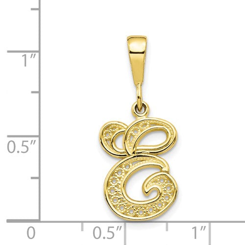 10K Yellow Gold Initial Letter E Cursive Script Alphabet Filigree Pendant Charm